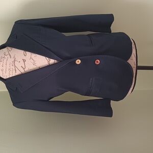 Tory Burch Navy Blue Blazer Gold Logo Buttons Cotton Sz 6 Casual Elegant.